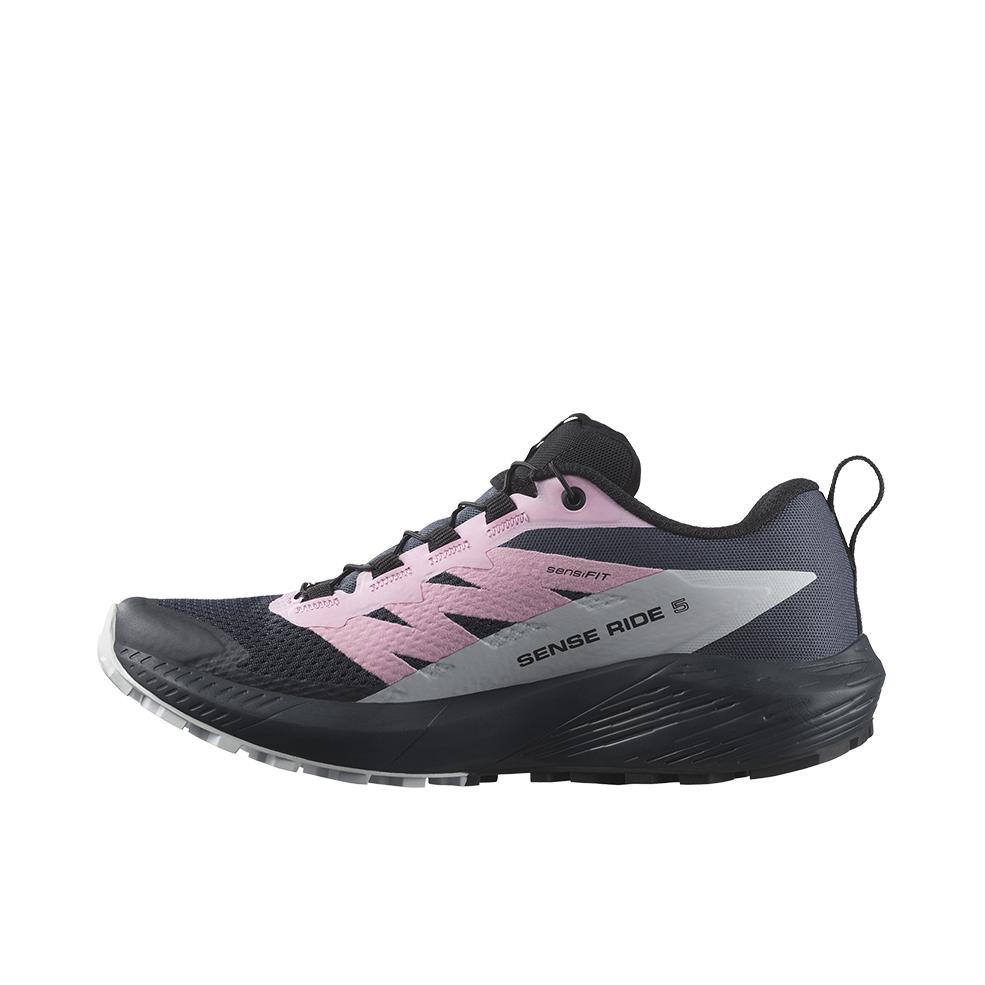 推荐商品：Salomon/萨洛蒙 Sense Ride 5 减震防滑 稳定抓地 耐磨 网面透气 网布 越野运动 跑鞋 黑色/粉色
