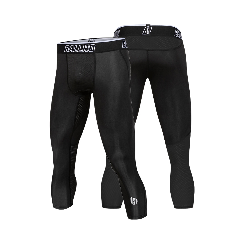 推荐商品：BALLHO 运动长短紧身裤五分七分裤男单腿篮球裤跑步健身训练打底裤 szxp-jsk002 7分黑 透气网眼