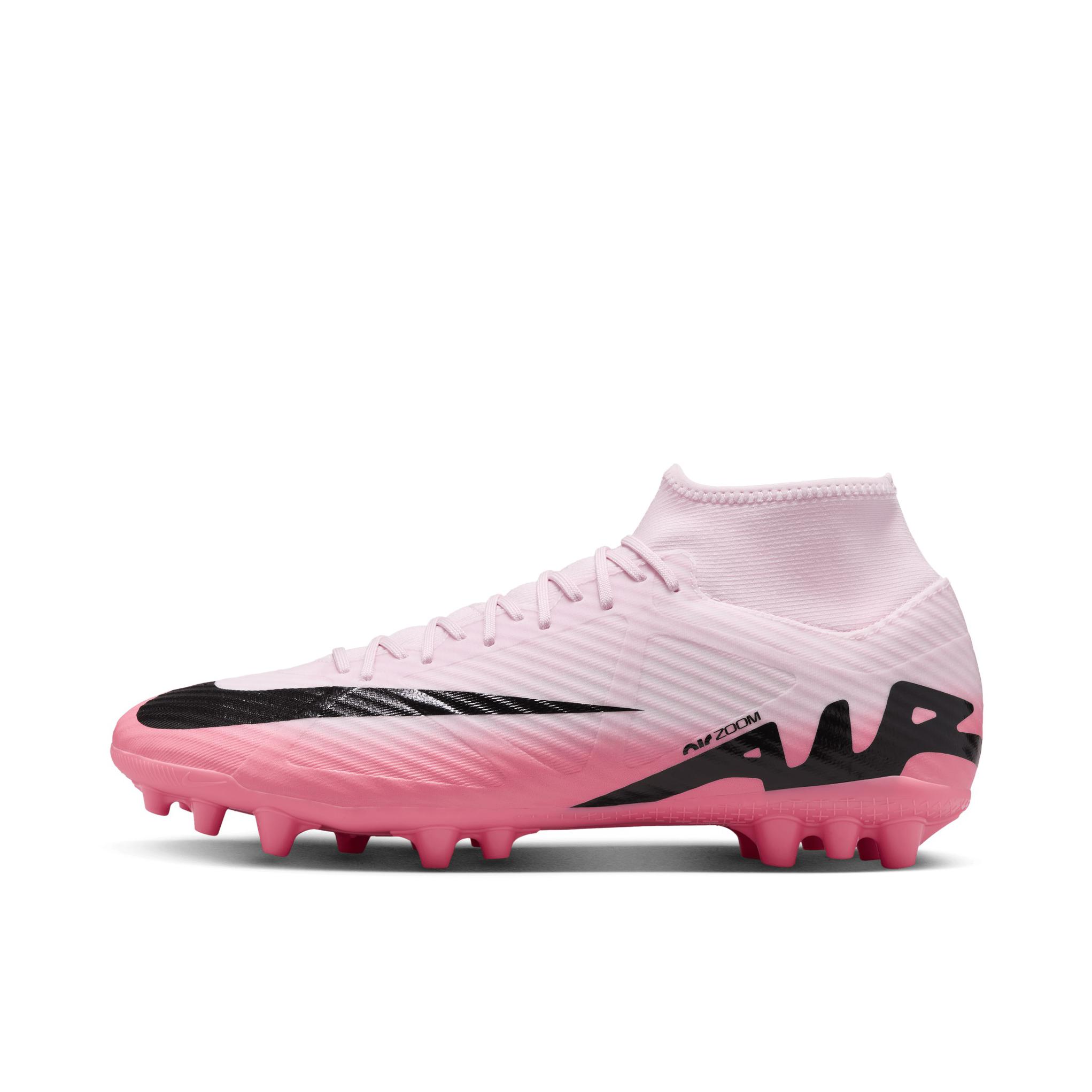 推荐商品：Nike Mercurial Superfly 9 Academy AG 中端 胶质短钉 人造草地 圆头 足球鞋 粉色/黑色