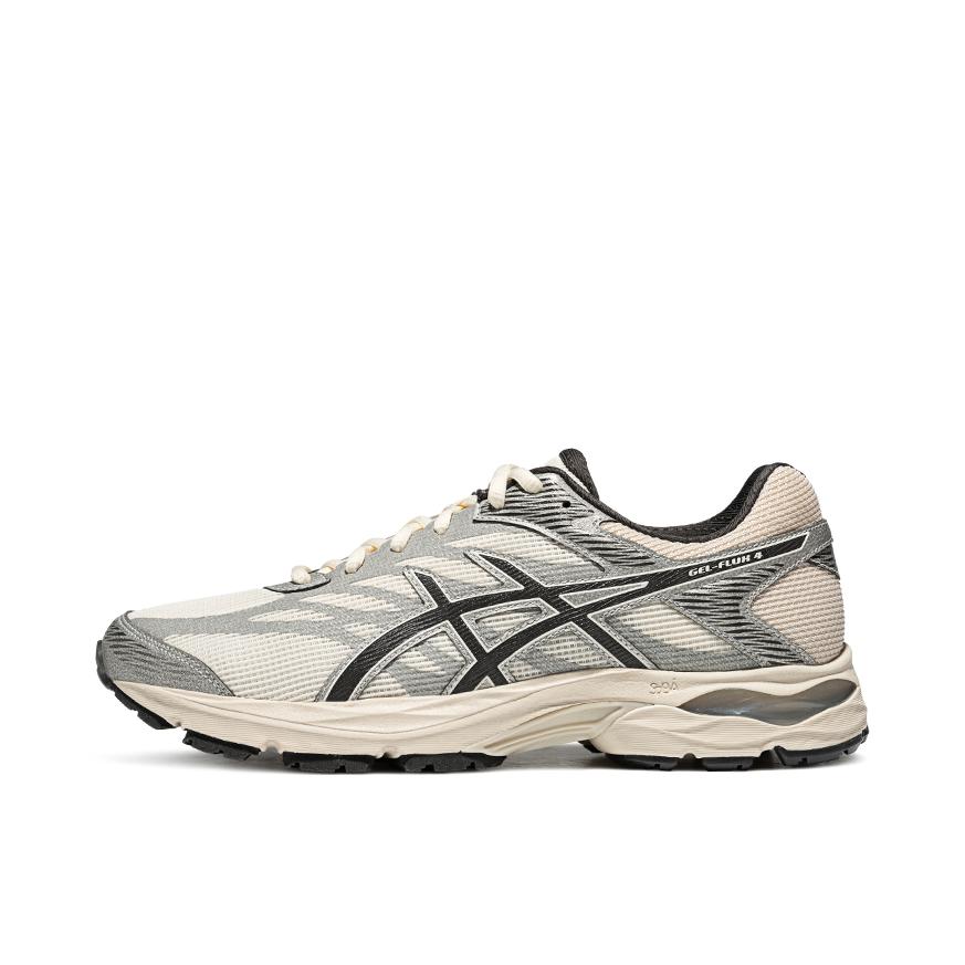 推荐商品：Asics/亚瑟士 Gel-Flux 4 跑鞋 包裹性舒适缓冲复古越野短跑慢跑织物轻量回弹合成革运动 男款/米色/银灰色