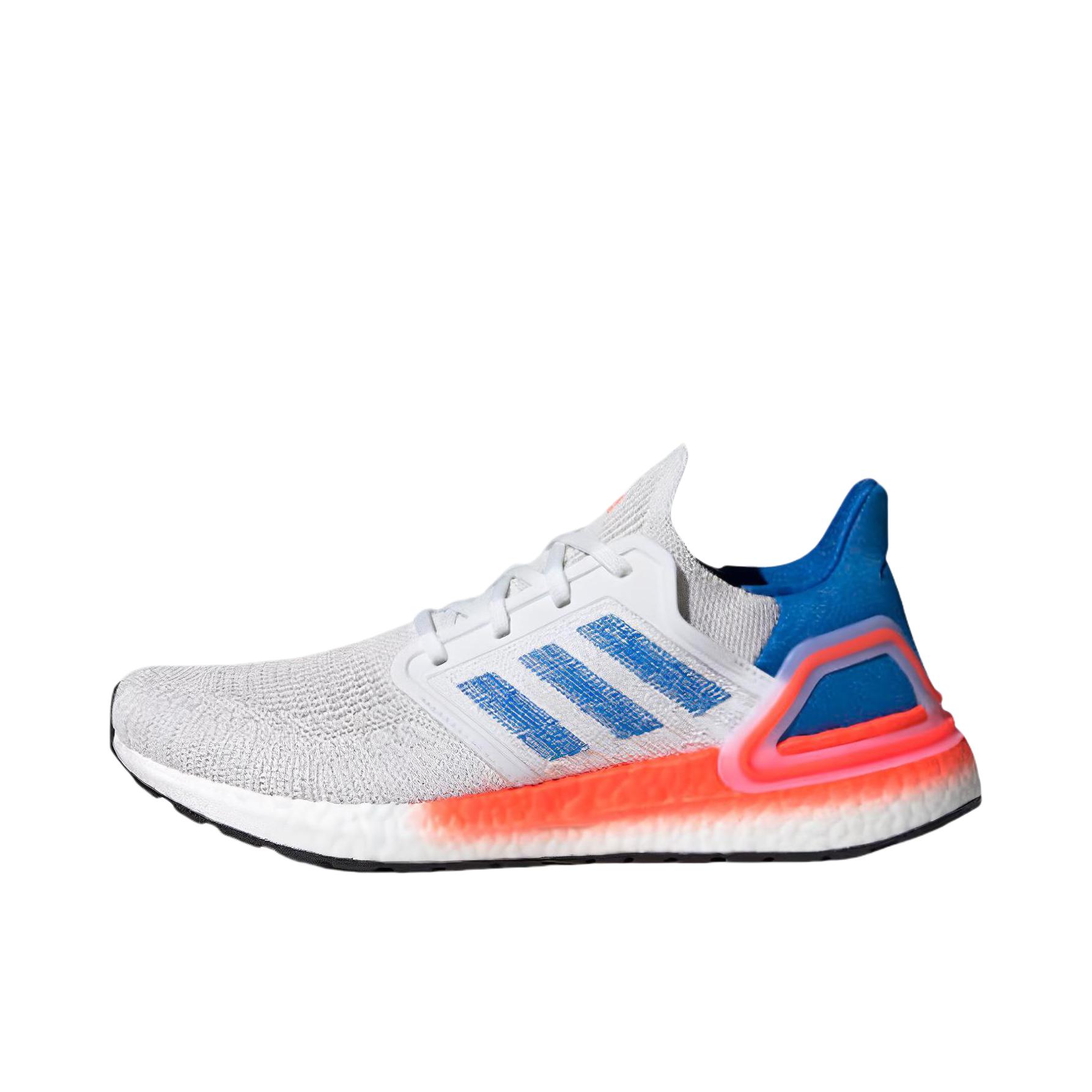 推荐商品：adidas UltraBoost 2020 经典UB 跑鞋 织物缓震回弹抗扭转圆头轻运动 White Glory Blue Solar Red 灰白/蓝色/橘红