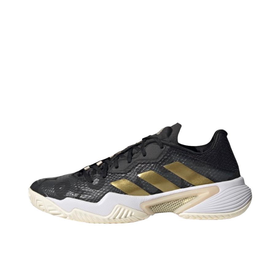 推荐商品：adidas/阿迪达斯 Barricade Tennis 网球鞋 耐磨防滑减震回弹圆头轻便舒适运动 女款/黑色/金色