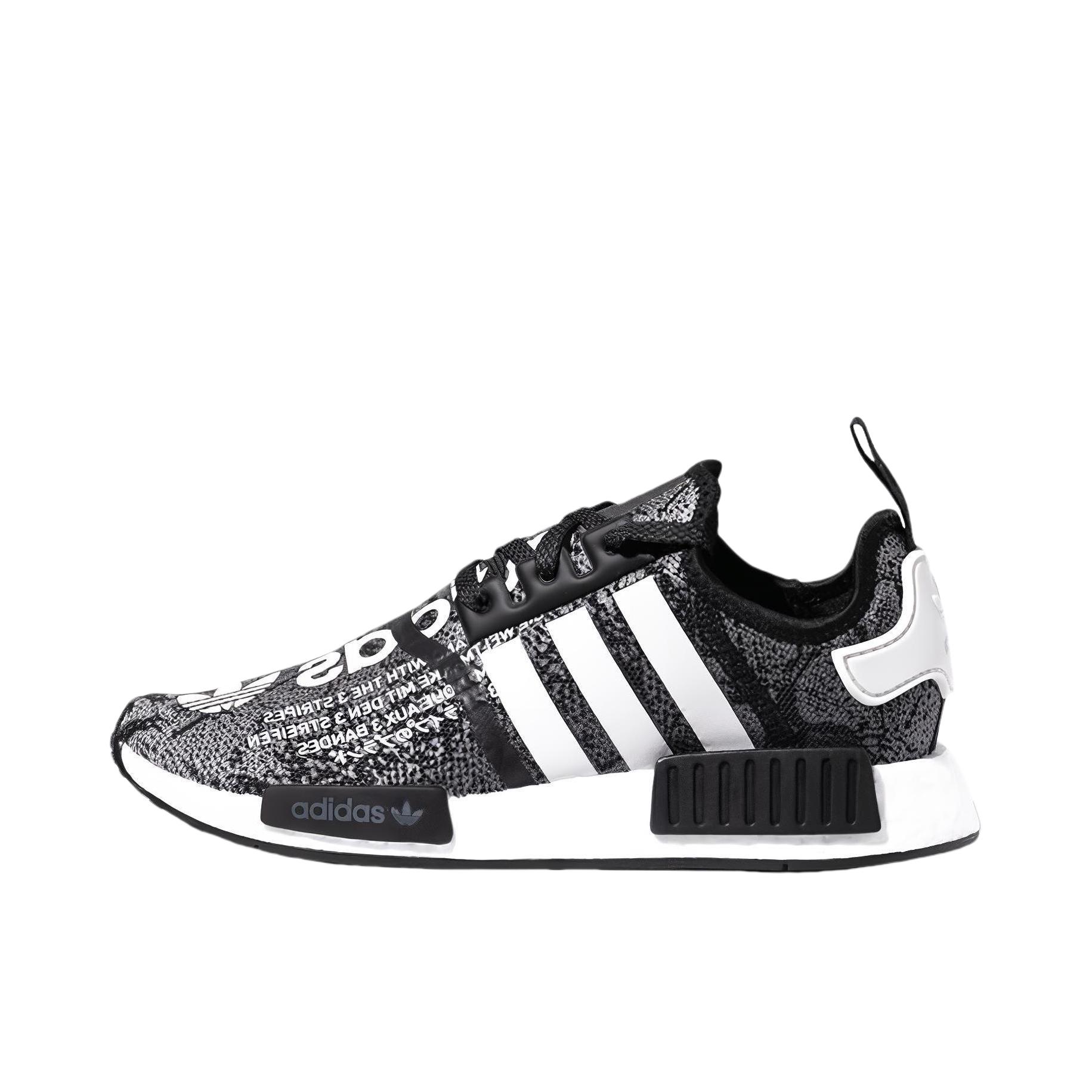 推荐商品：adidas Originals NMD R1 BOOST 织物 轻便透气 缓震 低帮 运动休闲鞋 Black/White 黑白蛇纹