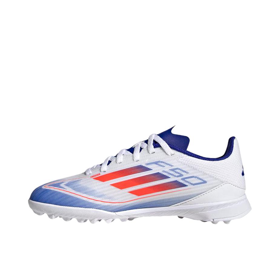 推荐商品：adidas F50 League TF 中端 胶质碎钉 人造草地室外硬地 缓震耐用 足球鞋 大童/白色/蓝色