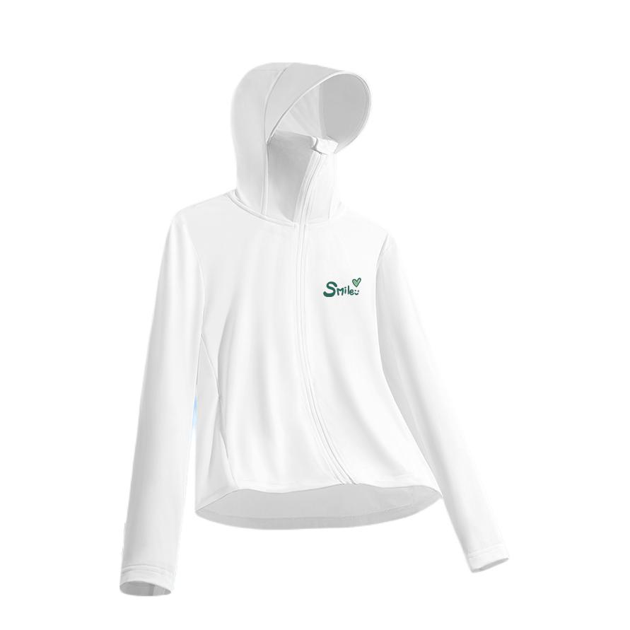 推荐商品：MH UPF50+防紫外线冰丝原纱轻薄透气大帽连帽檐防晒衣 女装 白/好心情胸标