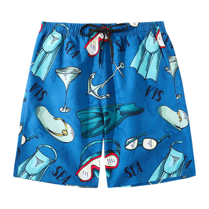 推荐商品：佑游  宽松款海边可下水泡温泉防尴尬印花抽绳直筒五分泳裤 84009-1 蓝