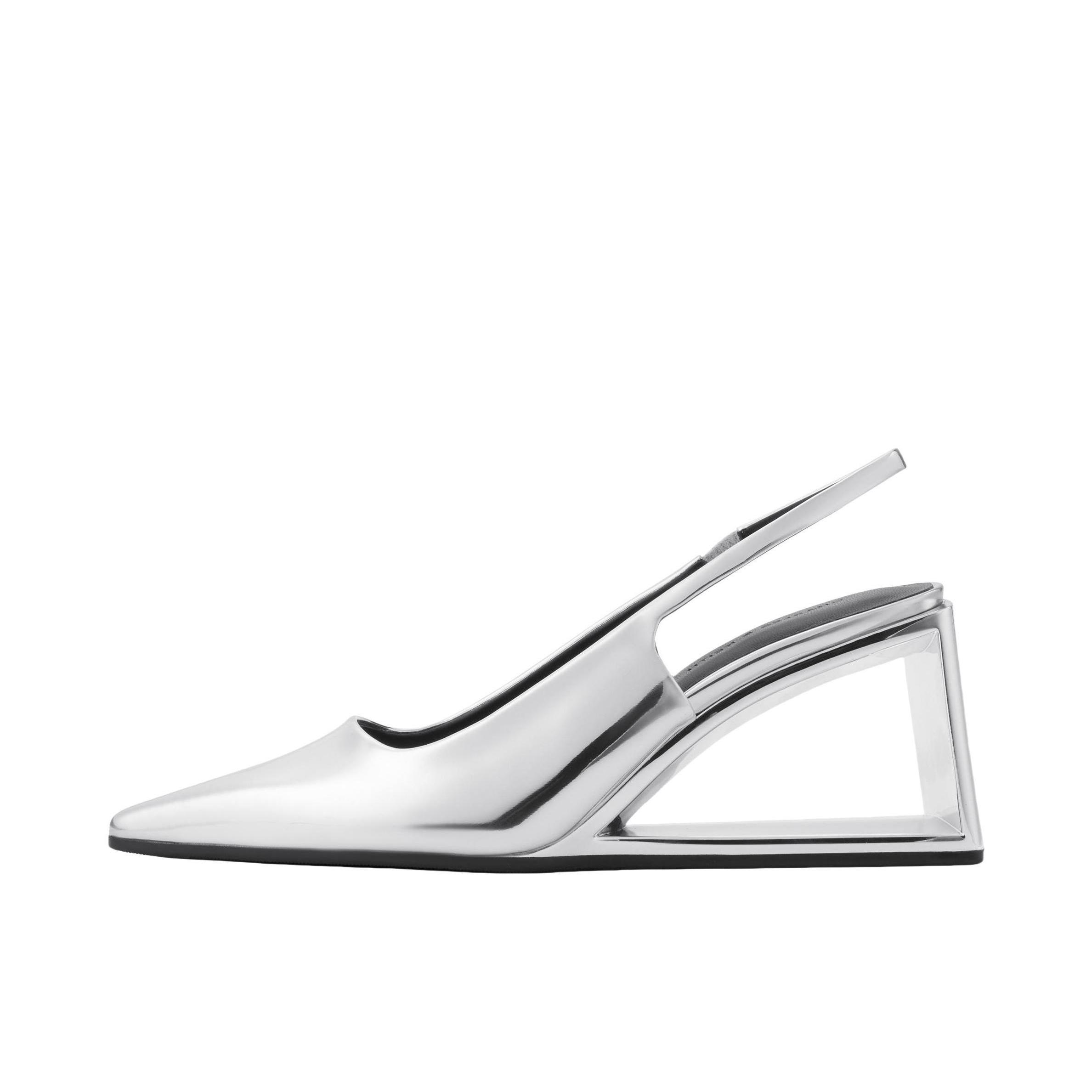 推荐商品：CHARLES&KEITH PU 尖头 亮面 异形 一字带 高跟鞋 CK1-80580150 银色 