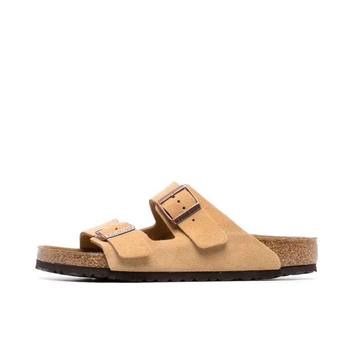 推荐商品：Birkenstock Arizona系列 舒适软底 外穿 软木 双扣 一字 圆头 绒面 搭扣 牛皮革 双带 防磨 拖鞋 勃肯鞋 米色/褐色/棕色