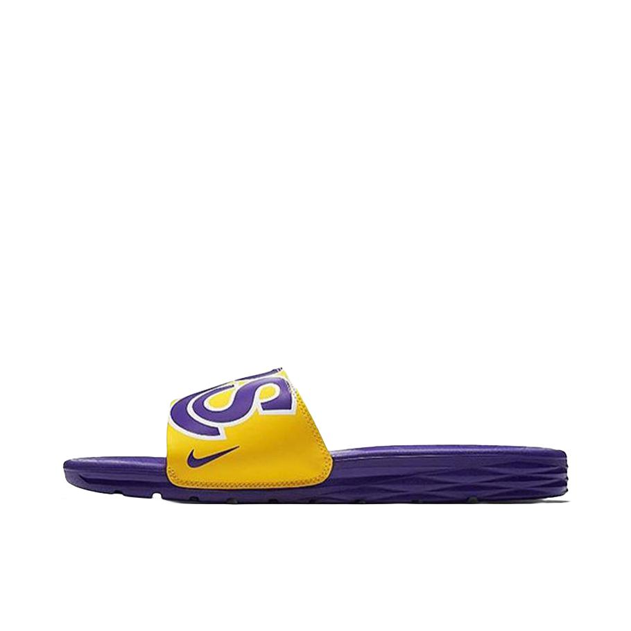 推荐商品：Nike Benassi Solarsoft 一字镭射 舒适耐磨 轻便 简约 休闲运动 橡胶底 百搭 拖鞋 紫色/黄色