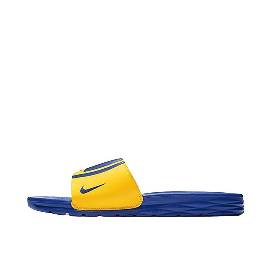 推荐商品：Nike Benassi Solarsoft 一字镭射 舒适耐磨 轻便 简约 休闲运动 橡胶底 百搭 拖鞋 黄色/蓝色