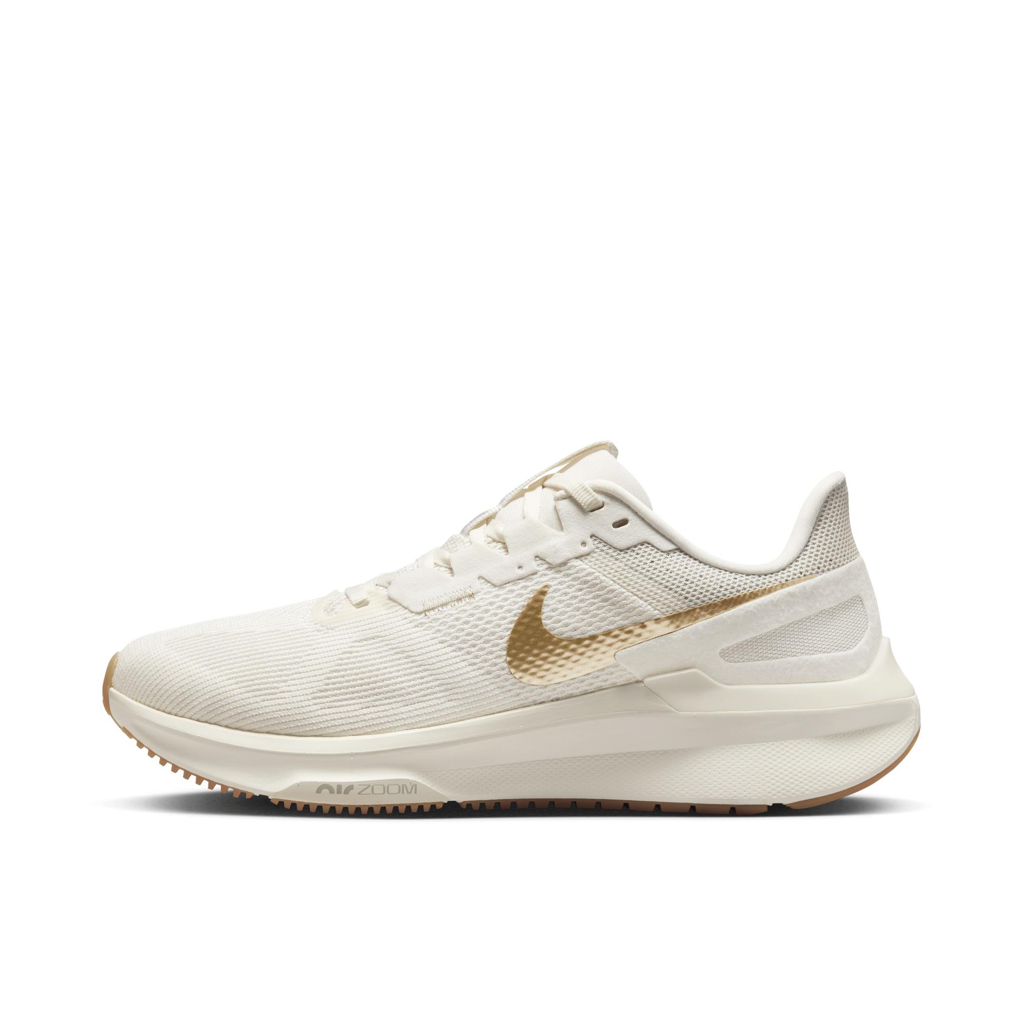 推荐商品：Nike Air Zoom Structure 25 跑鞋 公路减震织物支撑训练轻便 幻影灰/白色/橡皮浅褐/金属金 