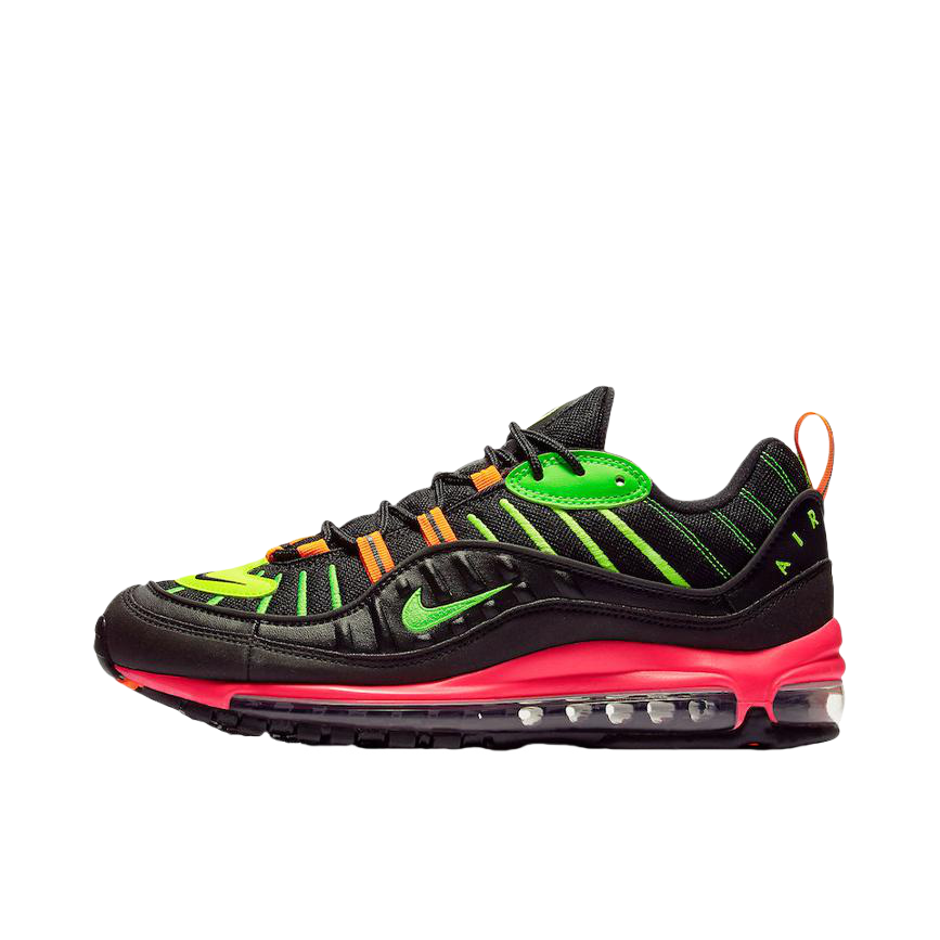 推荐商品：Nike Air Max 98 跑鞋 潮流复古全掌缓震回弹防滑耐磨轻便透气时尚拼接圆头气垫 Black/Green Strike/Racer Pink/Volt 黑/绿粉