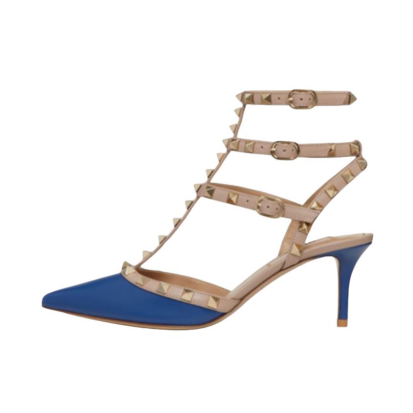 推荐商品：Valentino Rockstud 休闲时尚 露跟 铆钉装饰 踝带 尖头 一字带 细跟 高跟鞋 蓝色/金色