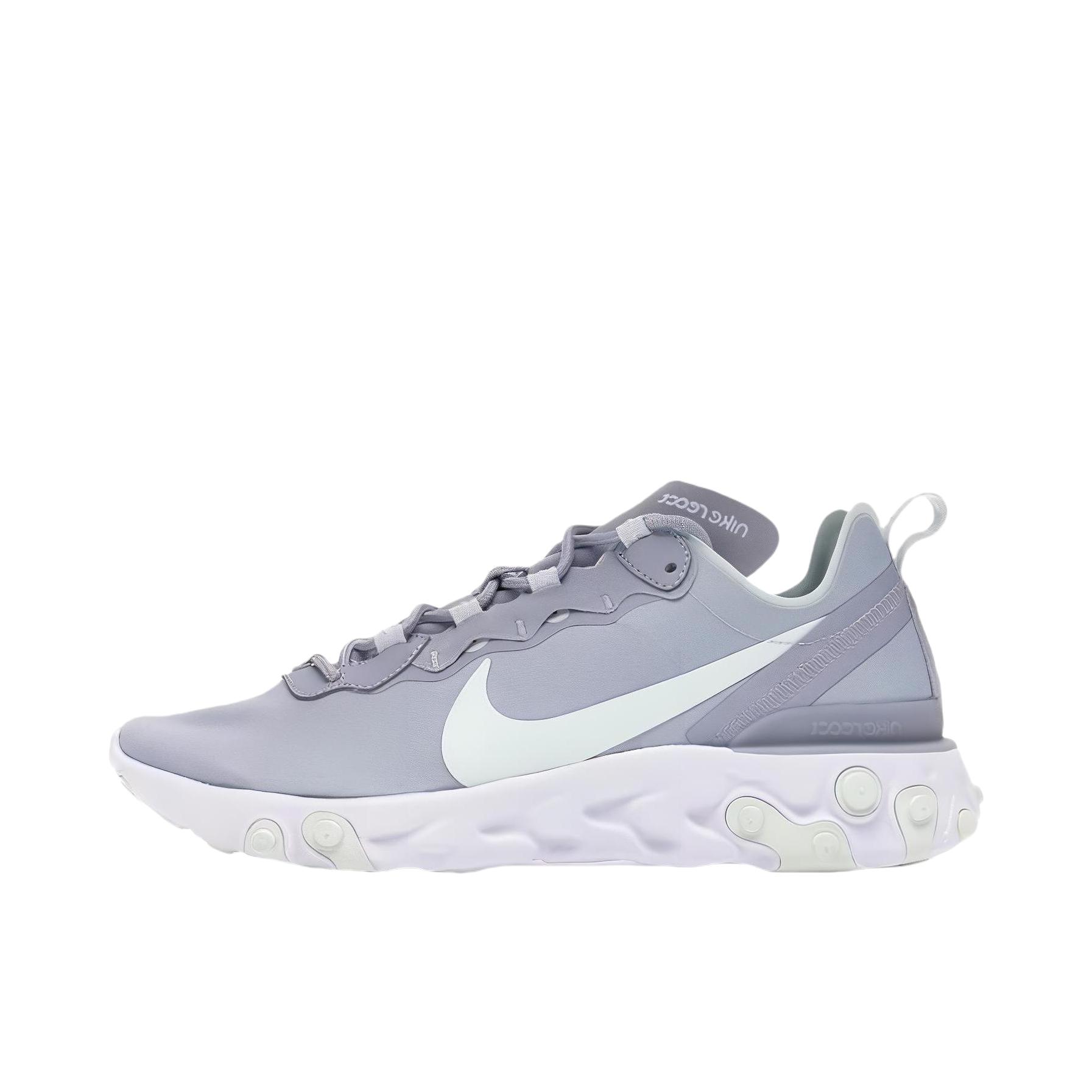 推荐商品：Nike React Element 55 跑鞋 轻便透气缓震耐磨舒适泡棉运动织物支撑防滑解构 Wolf Grey/White 女款/灰白