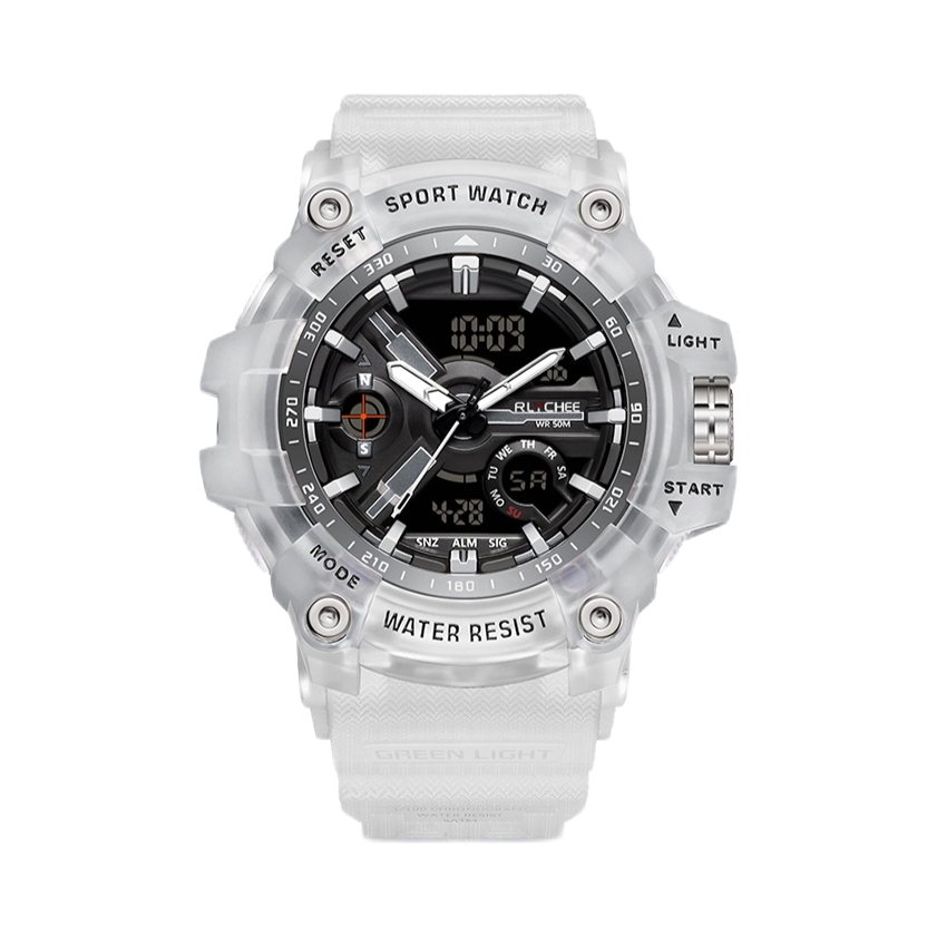 推荐商品：rlychee/雷利时 军事风闹钟夜光防水运动多功能电子石英男士手表