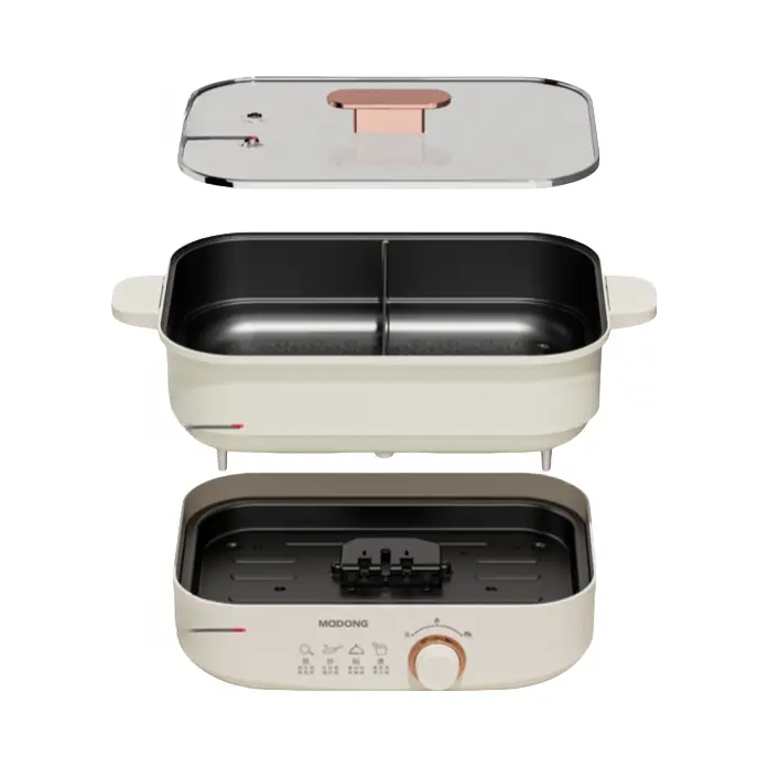 推荐商品：MODONG/摩动 分体式多功能电火火锅 多孔散热 可视化锅盖 大功率 双旋独立控温 MD-FT06Y 四宫格