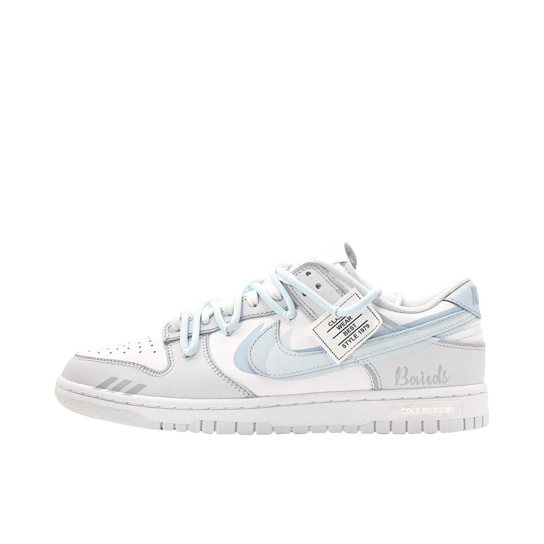 推荐商品：【定制球鞋】 Nike Dunk 板鞋 平跟系带防滑耐磨做旧高街简约百搭潮流复古美式 灰蓝三钩