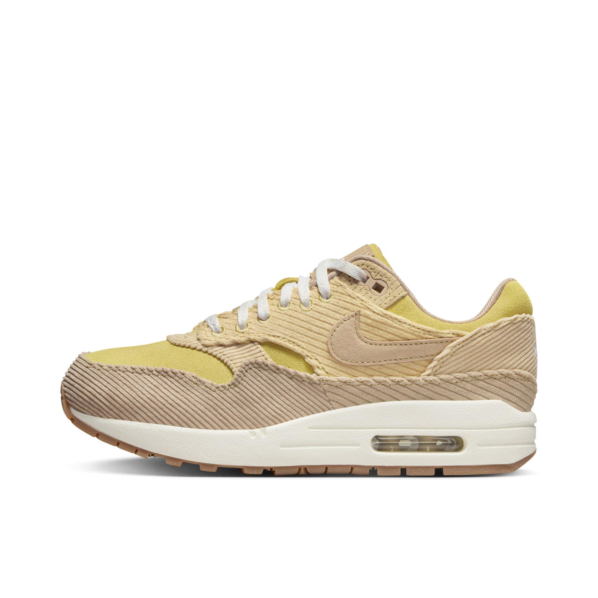 推荐商品：Nike Air Max 1 跑鞋 气垫缓震透气轻便复古运动舒适百搭潮流耐磨低帮训练防滑冬季支撑马拉松防水抓地圆头耐穿 棕色/黄色