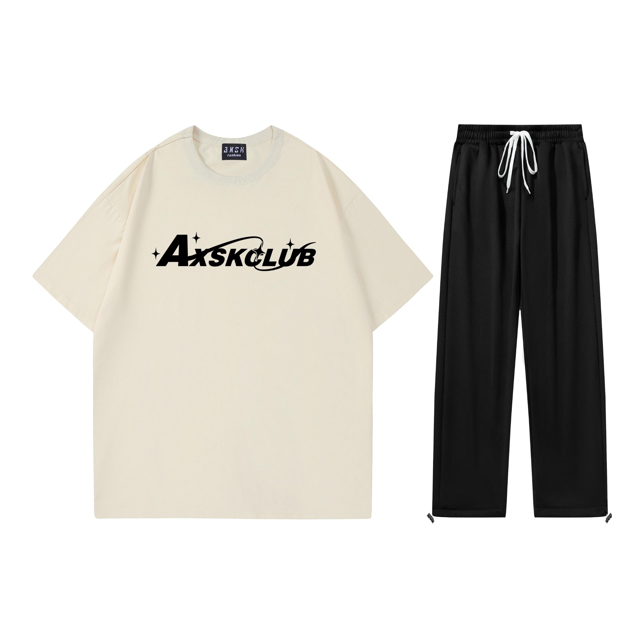 推荐商品：A.X.S.K  落肩袖套头圆领短袖中腰直筒松紧系带长裤休闲套装 男女同款 ZZ-T888-ZZ040+21687 上装杏+下装黑