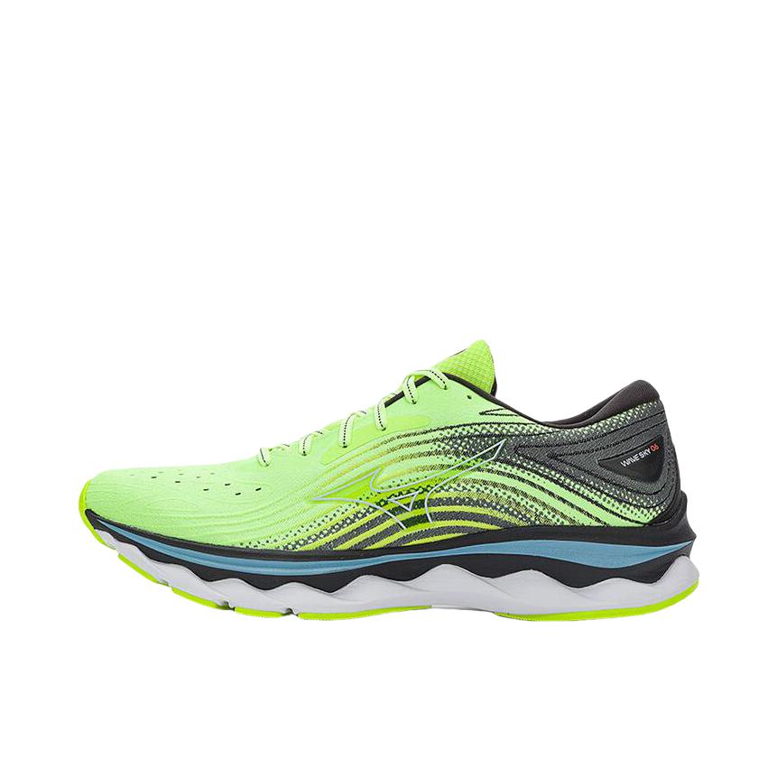 推荐商品：Mizuno/美津浓 Wave Sky 6 缓震耐磨 网面透气 健身训练 织物 舒适回弹 脚感柔软 慢跑 跑鞋 荧光绿/黑色