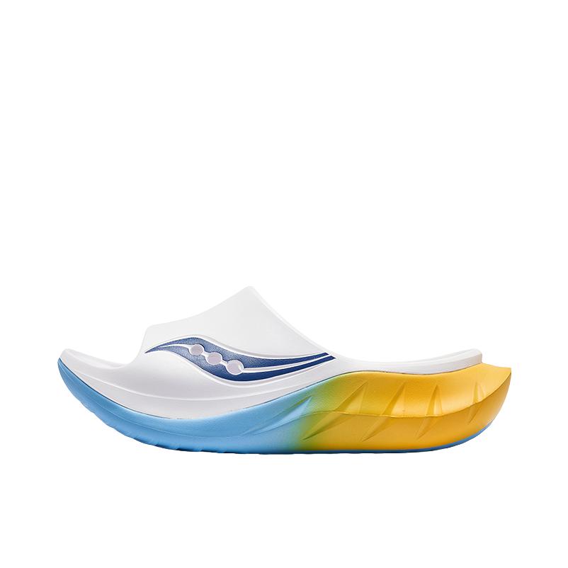 推荐商品：Saucony/索康尼 Cradle 2 防臭 缓震软底 外穿 防磨 一脚蹬 一字 拖鞋 白色/蓝色/橙色