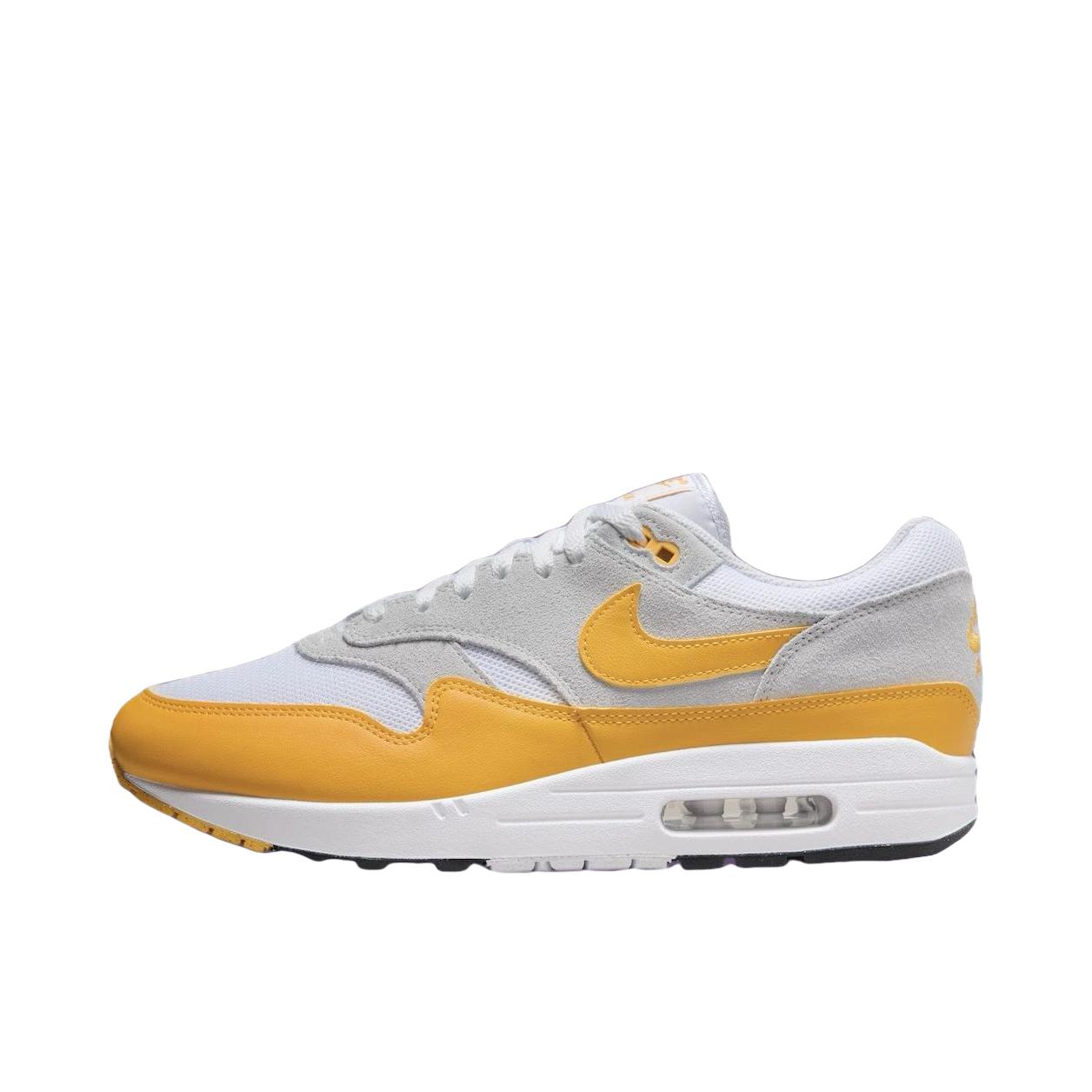 推荐商品：Nike Air Max 1 跑鞋 气垫缓震透气轻便复古运动舒适百搭潮流耐磨低帮训练防滑冬季支撑马拉松防水抓地圆头耐穿 白色/灰色/黄色 