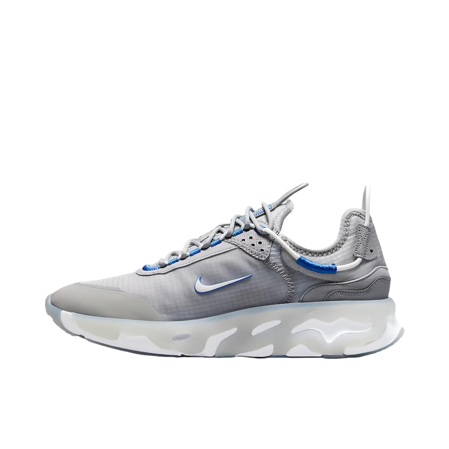 推荐商品：Nike React Live 跑鞋 防滑耐磨轻便透气缓震泡棉时尚运动训练织物合成革 灰色/蓝色