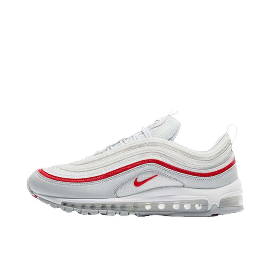 推荐商品：Nike Air Max 97 跑鞋 气垫减震全掌舒适透气防滑耐磨百搭复古织物合成革运动时尚圆头包裹性支撑 White Pure Platinum University Red 白色/红条