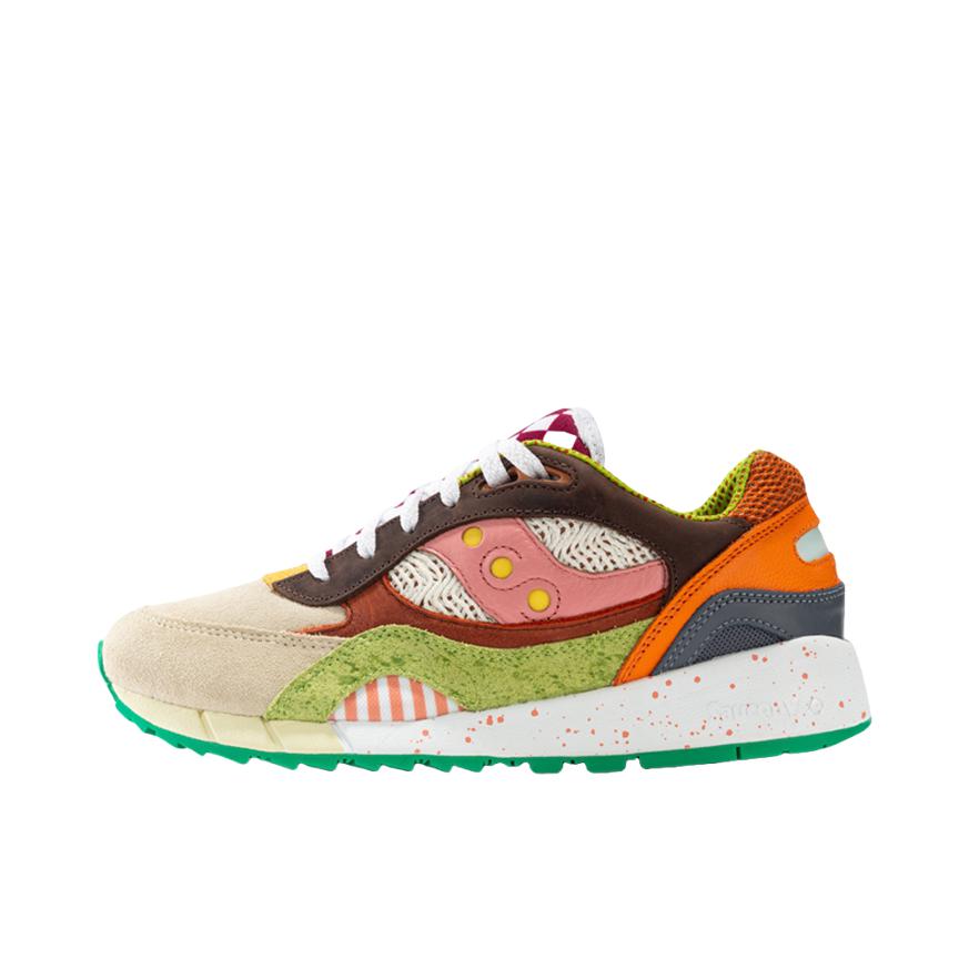 推荐商品：Saucony/索康尼 Shadow 6000 经典复古 防滑耐磨 舒适休闲 透气 防水 织物 运动 跑鞋 Food Fight 灰色/抹茶绿/棕褐