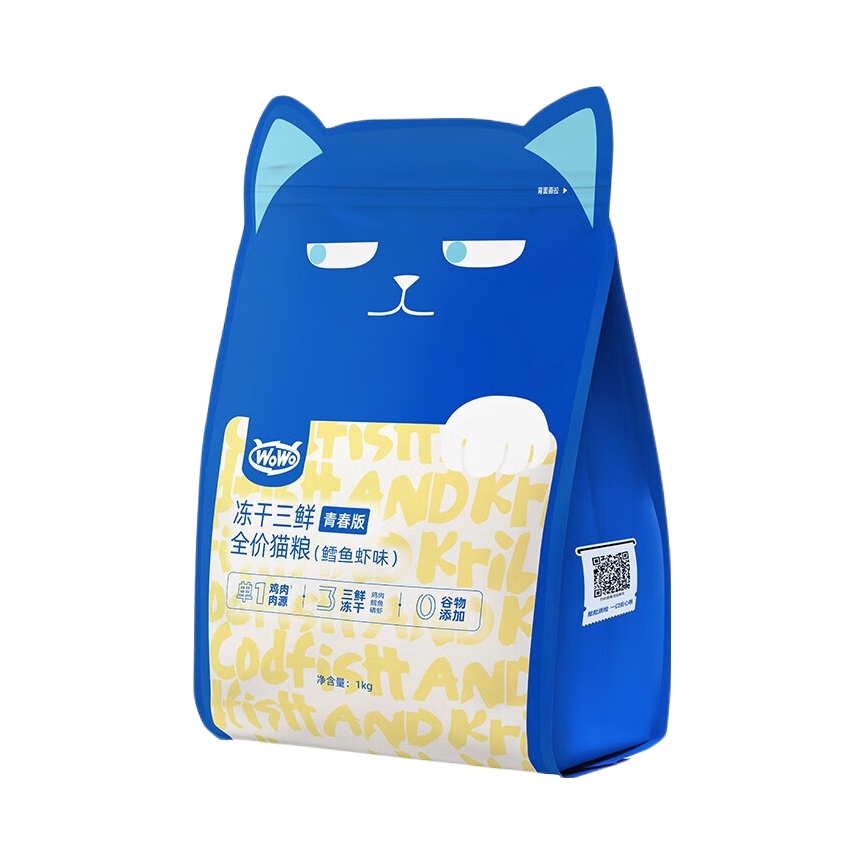 推荐商品：WoWo/喔喔 青春版冻干三鲜鳕鱼虾味全价猫粮膨化冻干粮呵护肠胃大蓝包增肥发腮高营养
