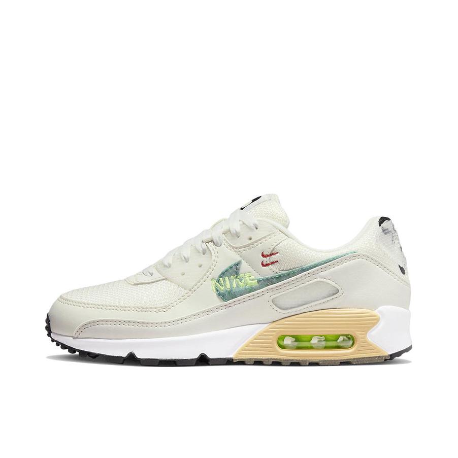 推荐商品：Nike Air Max 90 跑鞋 气垫合成革缓震透气复古增高圆头贴合拼接 奶白/白色/绿色