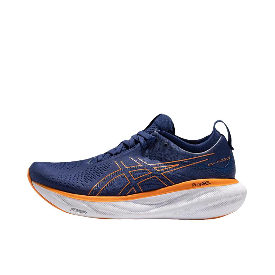 推荐商品：Asics/亚瑟士 Gel-Nimbus 25 跑鞋 稳定支撑缓震回弹舒适透气防滑耐磨防水织物轻量 男款/藏蓝/橙色