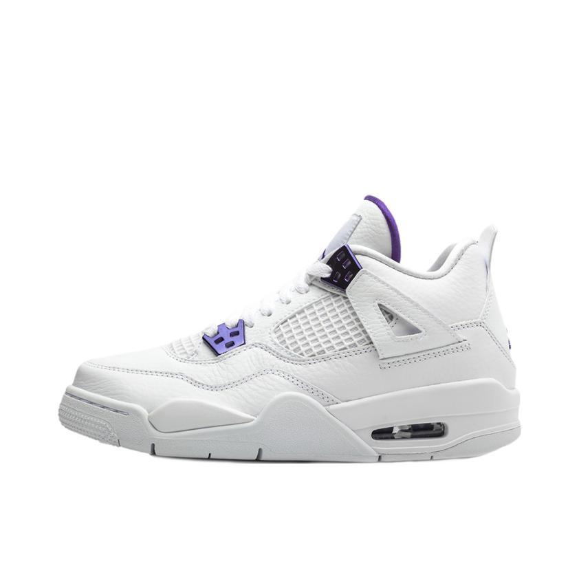推荐商品：Air Jordan 4 运动休闲鞋 舒适缓震防滑耐磨复古简约时尚百搭支撑织物合成革轻质 GS/白色/金属紫