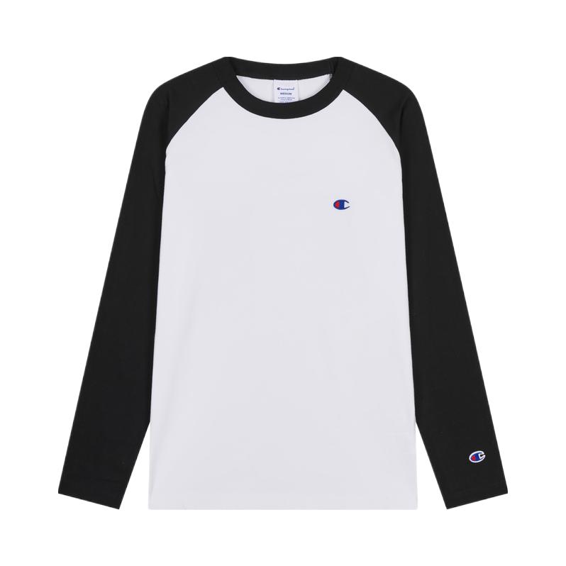 Champion/冠军 琥珀流光刺绣纯棉插肩袖拼接圆领长袖T恤 C3-Y429 黑