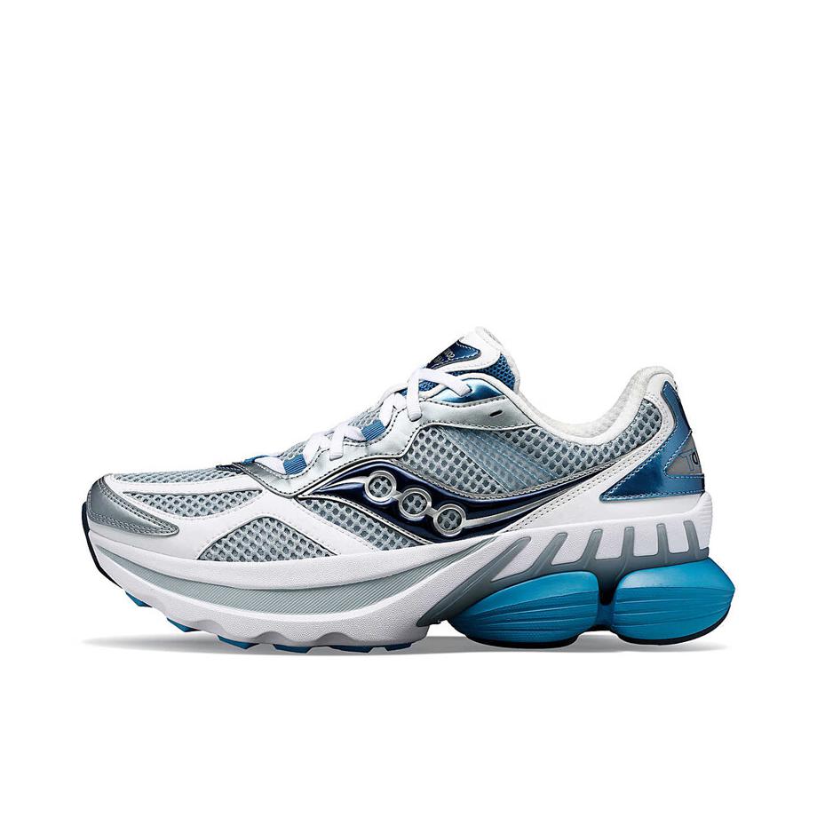 推荐商品：Saucony/索康尼 GRID NXT 复古 防滑 低帮 休闲 跑鞋 银色/白色/蓝色