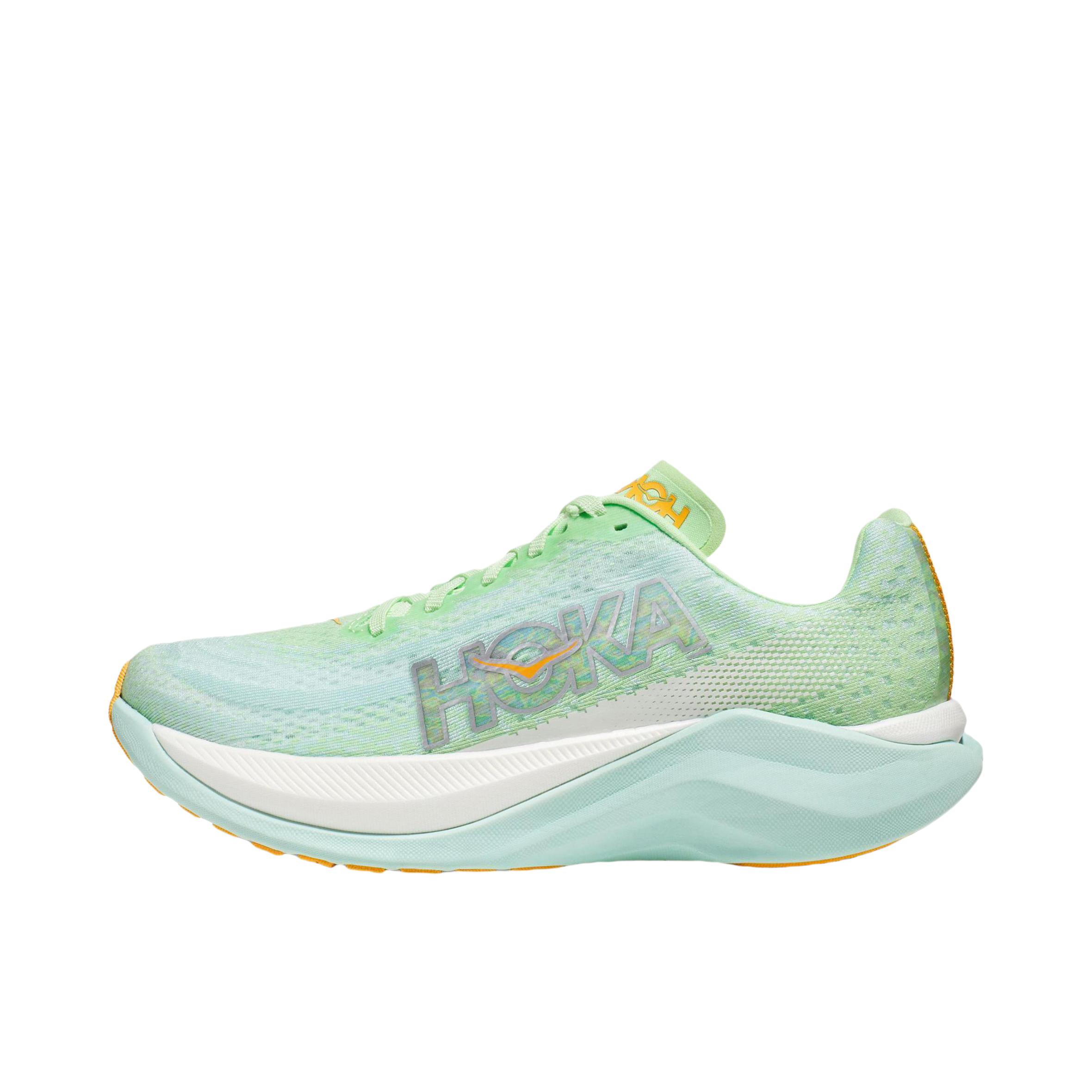 推荐商品：HOKA ONE ONE Mach X 马赫 舒适轻便 防滑耐磨 缓震回弹 马拉松 竞训 网布 跑鞋 女款/青柠色/亮海蓝