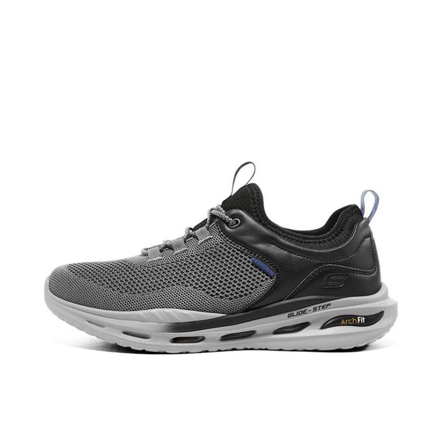 推荐商品：Skechers/斯凯奇 Arch Fit Orvan 减震防滑 舒适 网面透气 耐磨软底 休闲百搭 一脚蹬 织物 户外运动 跑鞋 黑色/灰色