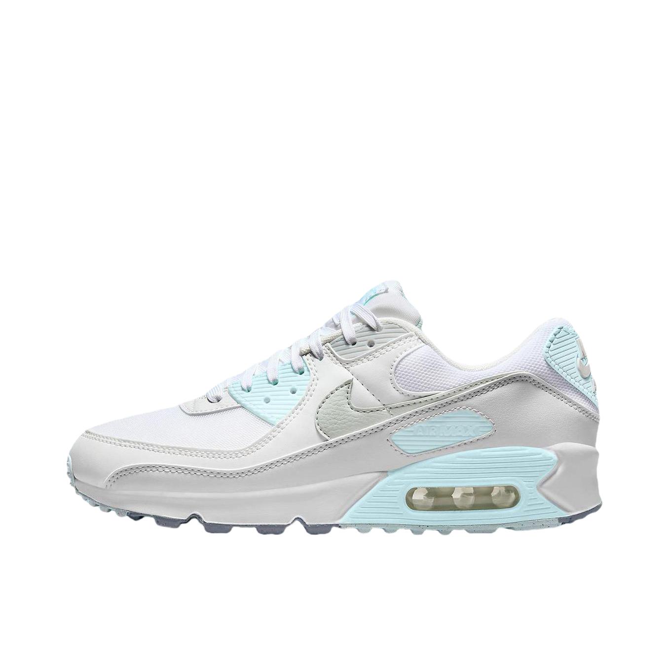 推荐商品：Nike Air Max 90 跑鞋 气垫合成革缓震透气复古增高圆头贴合拼接 白色/浅蓝色