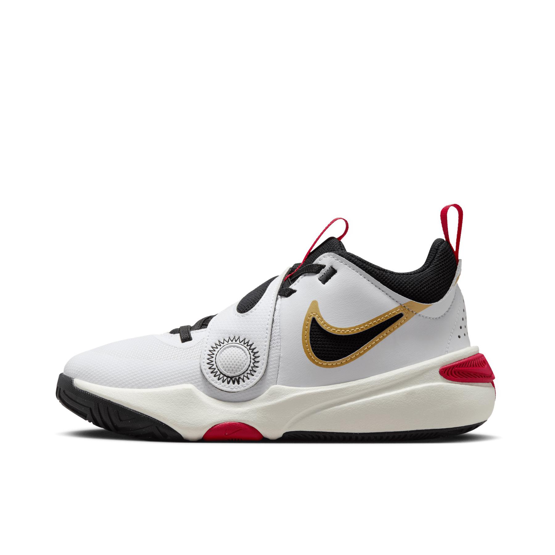 推荐商品：Nike Team Hustle D 11 篮球鞋 防滑耐磨减震回弹舒适透气魔术贴低帮 大童/白色/金属金/大学红/黑色