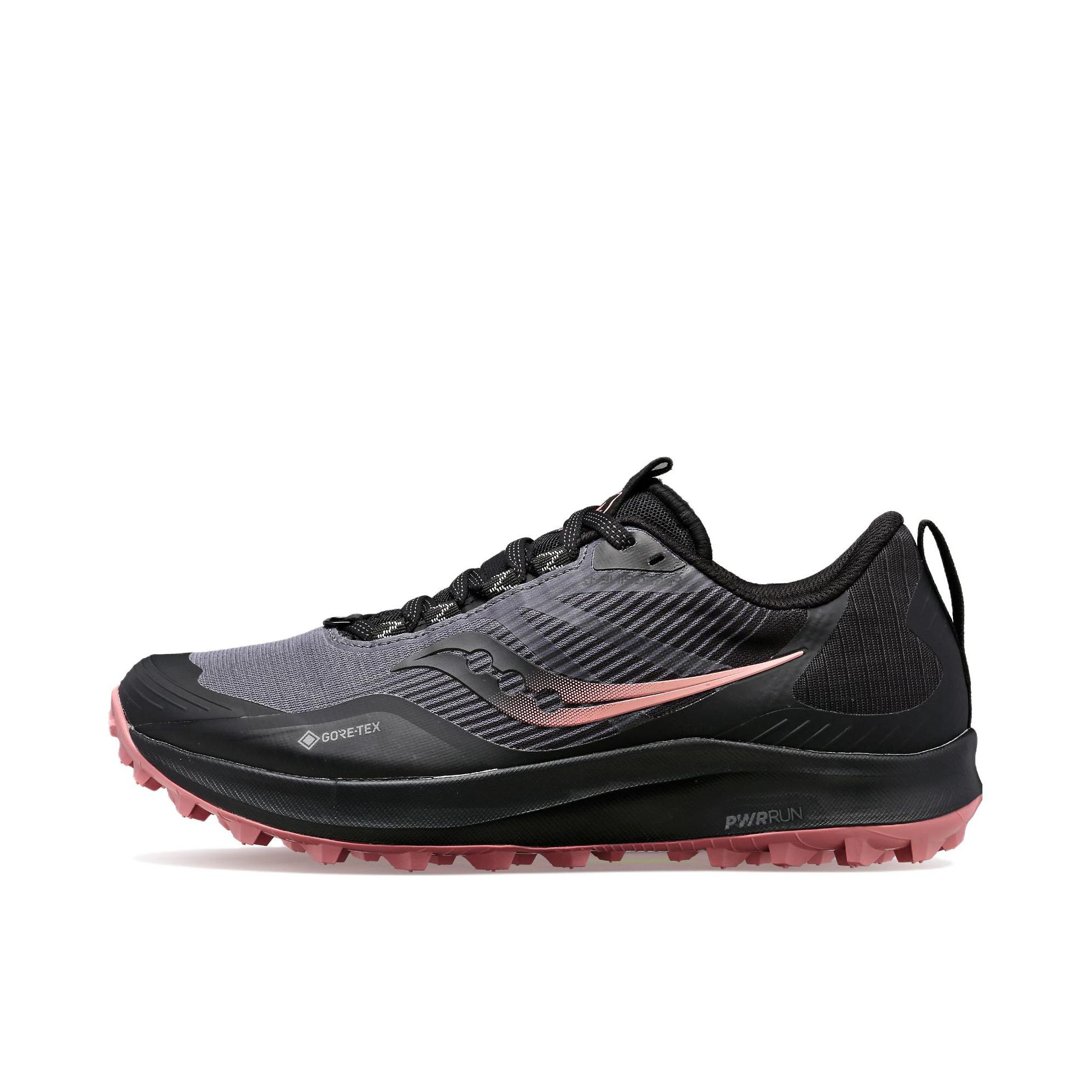 推荐商品：Saucony/索康尼 Peregrine 游隼12 缓震透气 防滑耐磨 织物 越野跑山 跑鞋 女款/炭灰/粉色