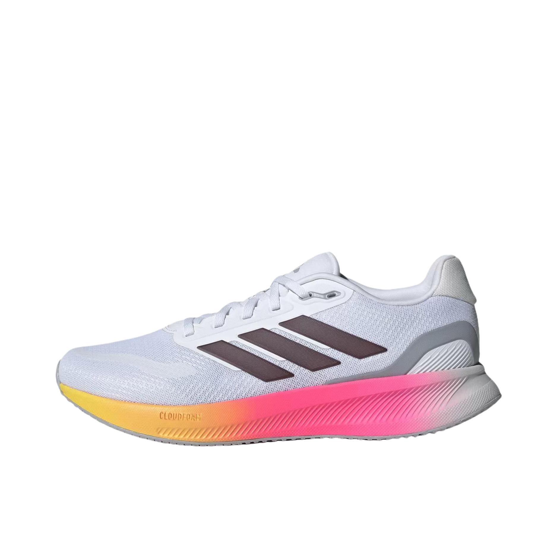 推荐商品：adidas RUNFALCON 5 跑鞋 轻便缓震回弹网面透气防滑耐磨支撑贴合 云白色/极光色/核心黑色