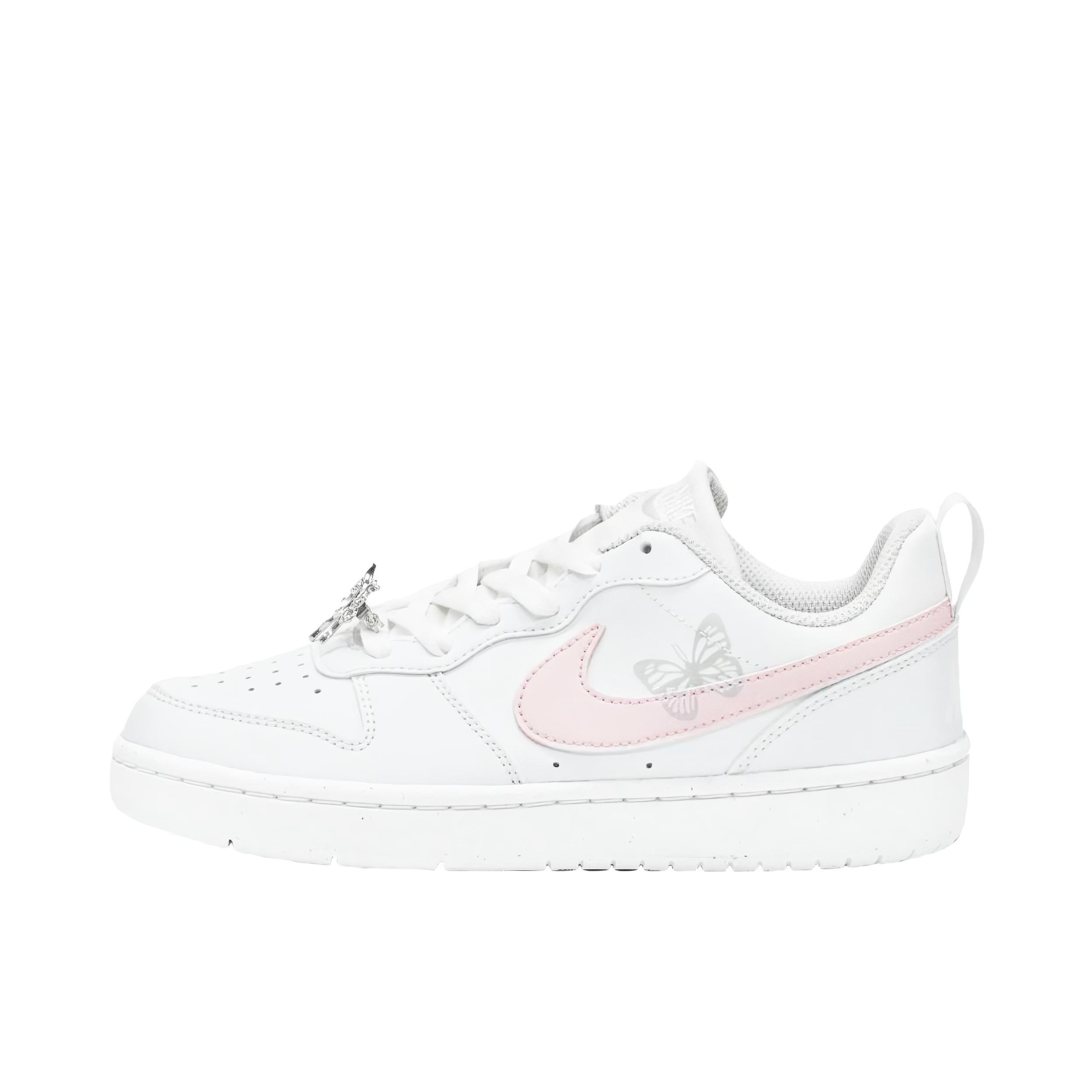 推荐商品：【定制球鞋】 Nike Court Borough 板鞋 防滑防水轻便减震手绘减龄做旧甜酷高街合成革甜妹包裹性复古婚鞋增高小白鞋薄底秋冬脏脏鞋 GS/粉银蝴蝶