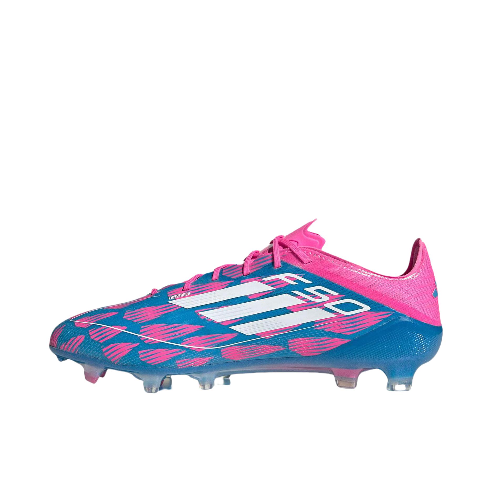 推荐商品：adidas F50 Elite FG 足球鞋 顶级胶质长钉天然硬草地耐用支撑 太阳能蓝/白色/荧光粉