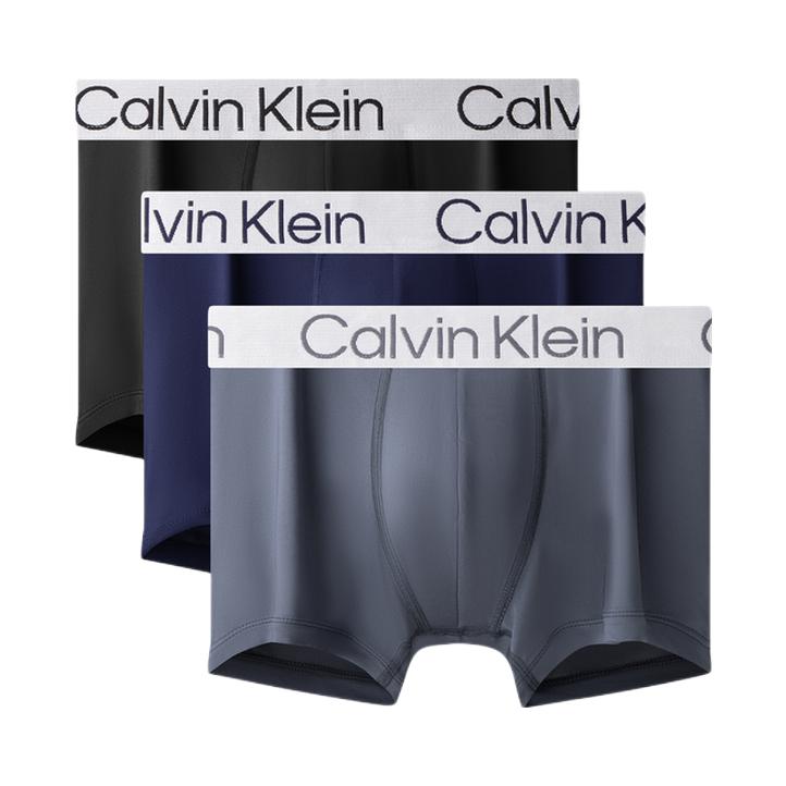 推荐商品：Calvin Klein/卡文克莱 美拉德透气顺滑弹性速干贴身防夹臀提花腰边男士平角内裤 NP2213O 太空黑+深海蓝+碳灰/3条装