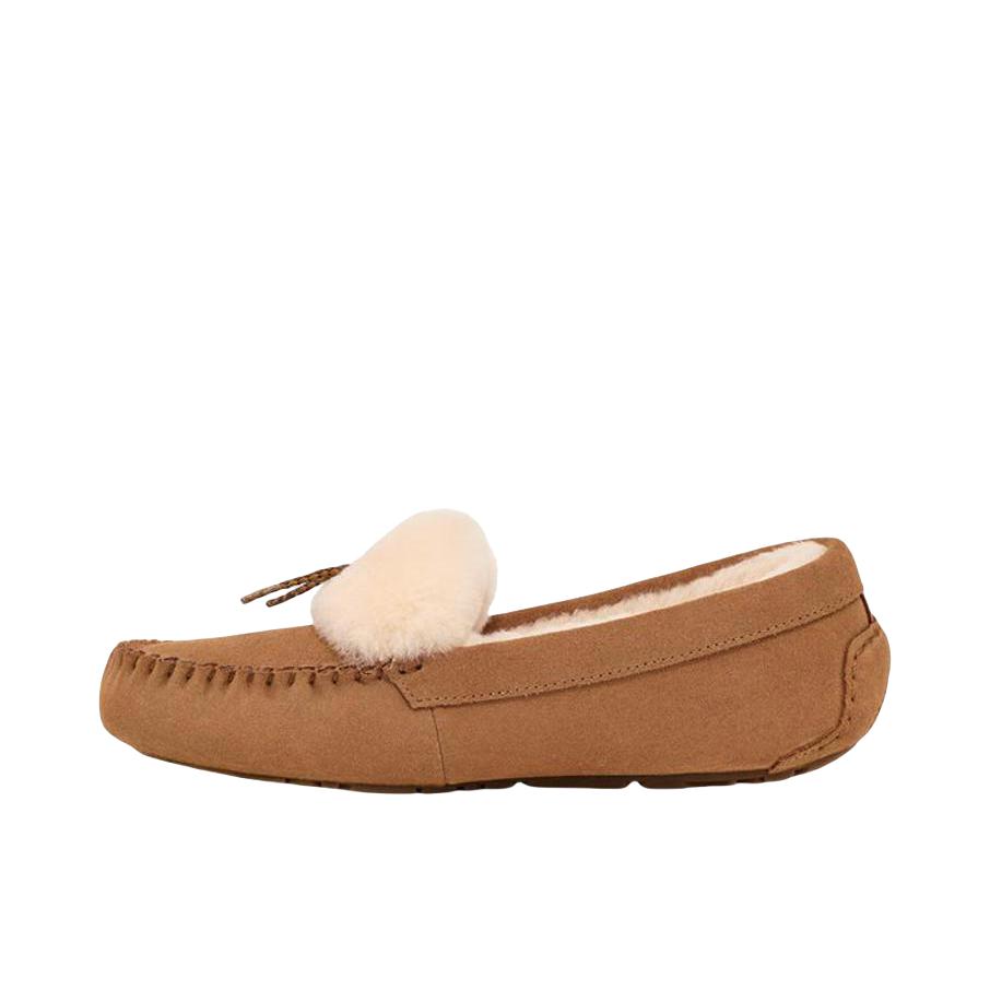 推荐商品：UGG Dakota Shearling Braid 达科塔 溢毛边饰款 橡胶 圆头 平跟 套脚 牛剖层革 单鞋 1166754 栗色
