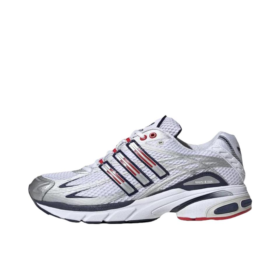 推荐商品：adidas Adistar Cushion 舒适减震 防滑耐磨 网面透气 织物 支撑 复古简约 跑鞋 SPORTY & RICH联名/白色/银色/红色