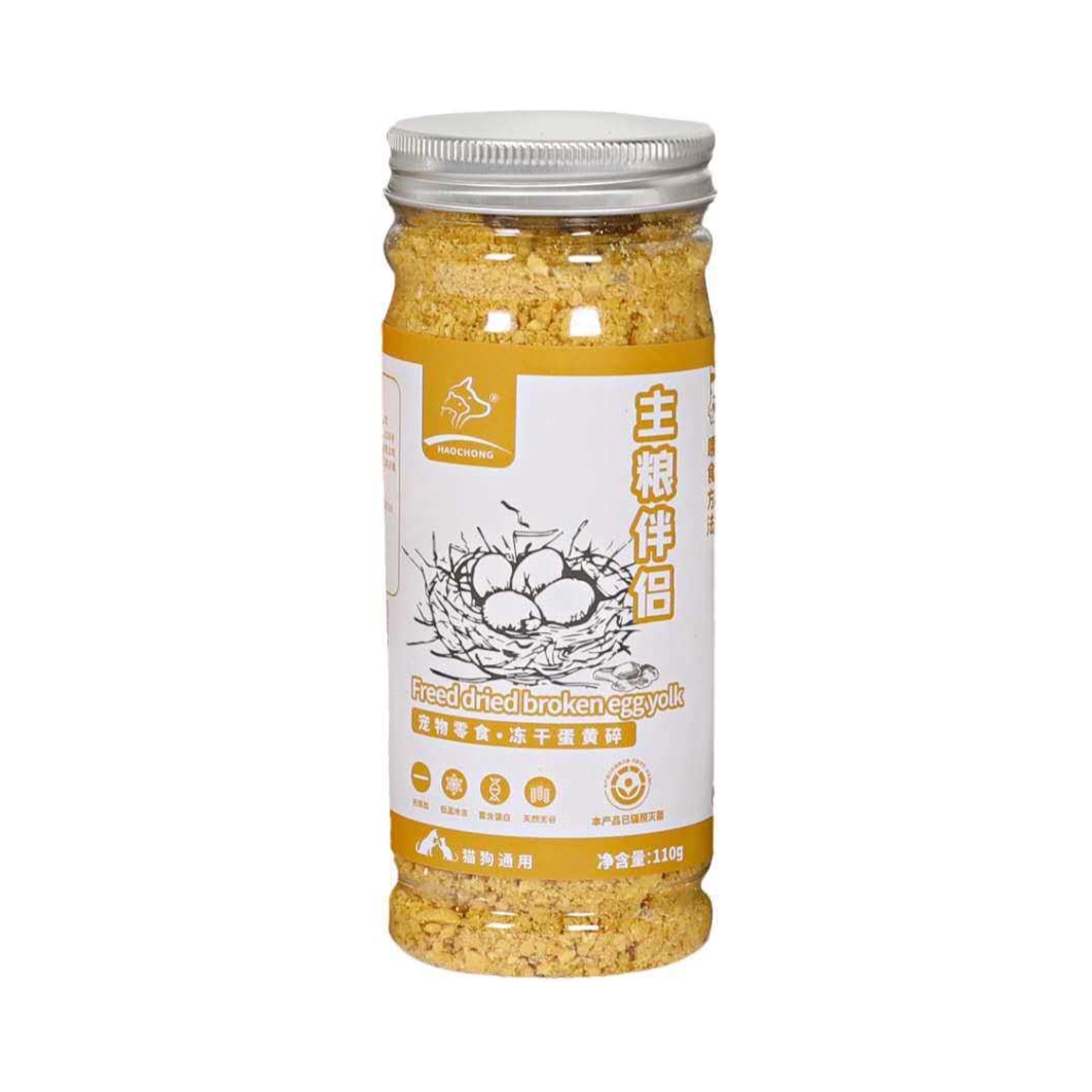 推荐商品：HAOCHONG/皓宠 猫咪零食主粮伴侣冻干碎蛋黄牛肉鳕鱼狗狗宠物发腮美毛拌粮