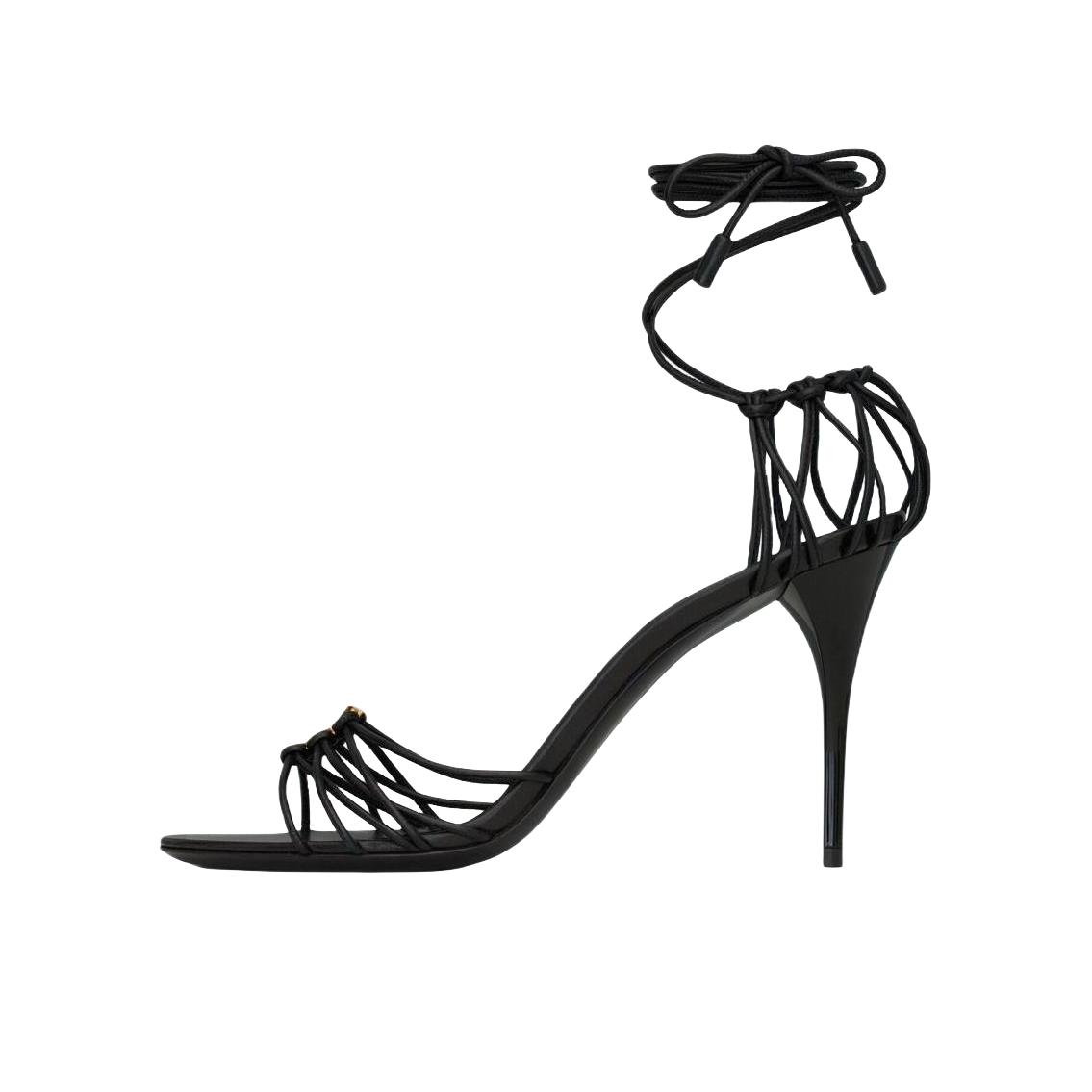 推荐商品：YSL/圣罗兰 皮革 露趾 一字带 系带 高跟鞋 7857061N8001000 黑色
