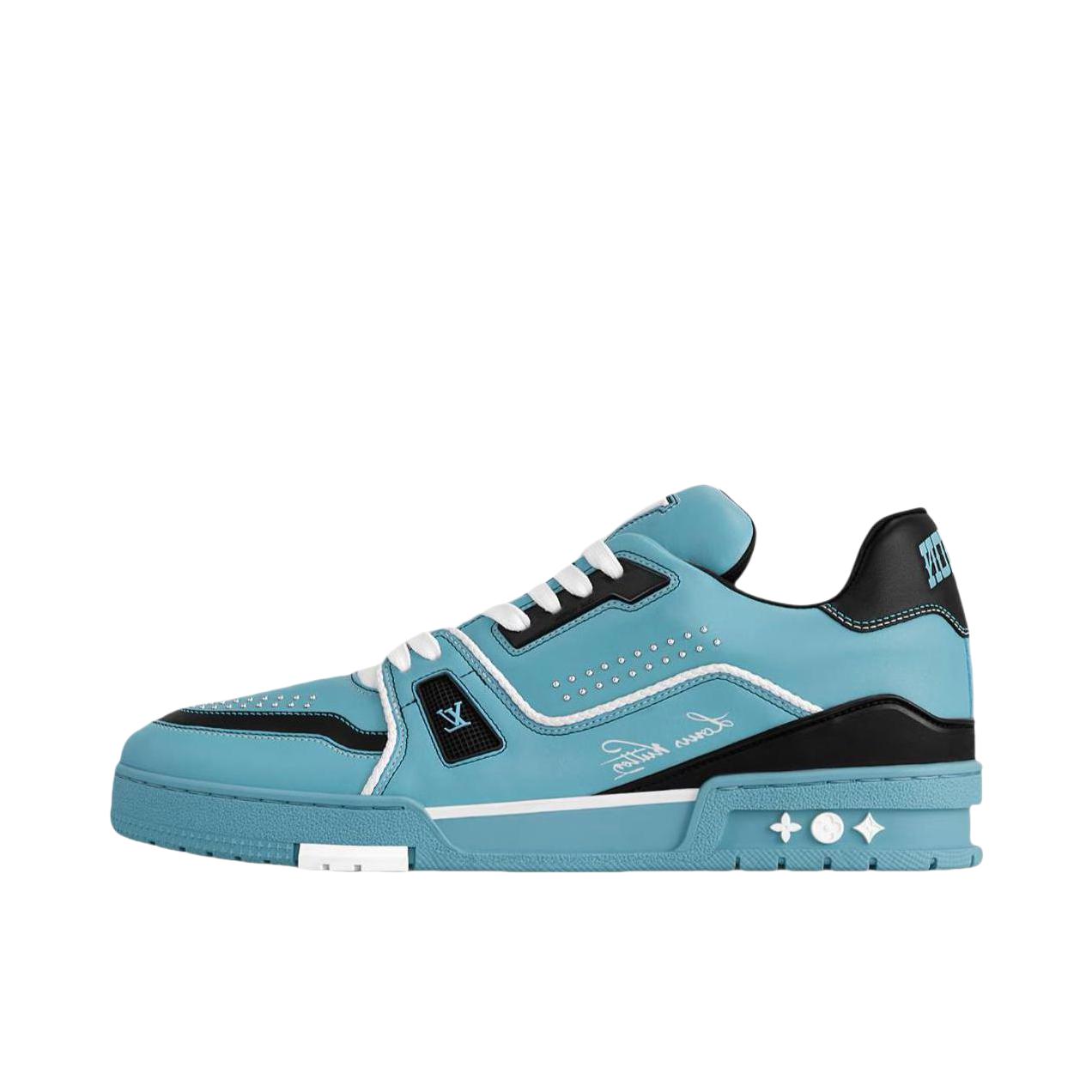 推荐商品：Louis Vuitton Trainer系列 网眼 舒适防滑 时尚潮流 圆头拼接 牛皮革 压纹 板鞋 黑色/蓝色
