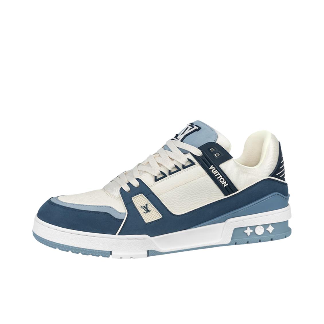 推荐商品：Louis Vuitton Trainer系列 网眼 舒适防滑 时尚潮流 圆头拼接 牛皮革 压纹 板鞋 蓝色/米白色